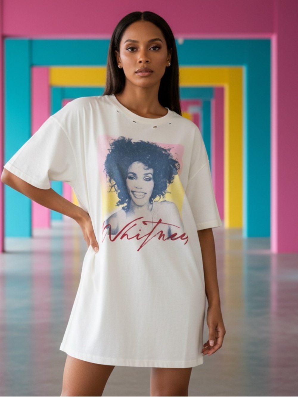 Oversized Graphic Iconic Whitney Houston Distressed Vintage Lived In Tee